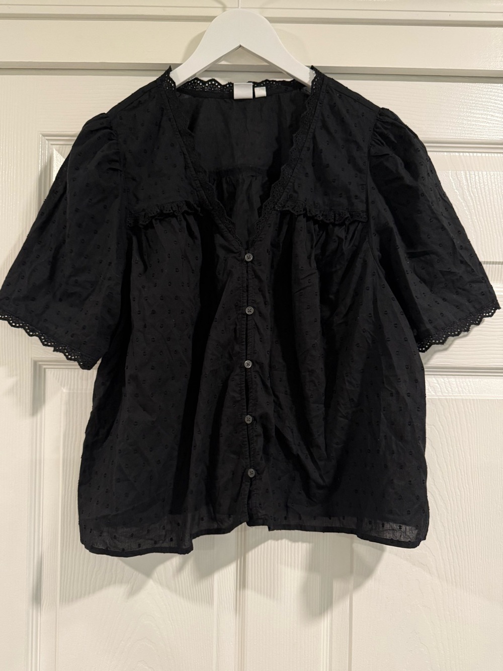 Gap 100% Cotton Black Embroidered Ruffle Lace Trim Sheer Boho Blouse - Picture 2 of 5